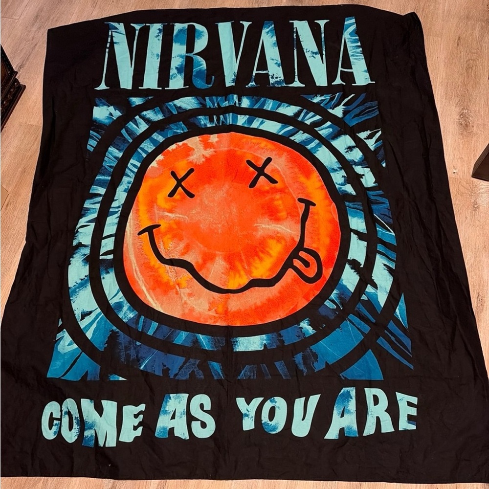 NIRVANA Black and Blue Tapestry with Orange Smiley